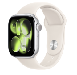 Apple Watch Series 11, 42 мм, корпус из алюминия серебристого цвета, спортивный ремешок цвета «сияющая звезда»