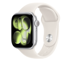 Apple Watch Series 11, 46 мм, корпус из алюминия серебристого цвета, спортивный ремешок цвета «сияющая звезда»