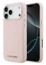 Чехол кожанный Karl Lagerfeld для iPhone 17 Pro розовый с серебристой рамкой