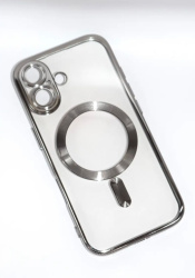 Чехол силиконовый MagSafe для iPhone 17 прозрачный с серебристой окантовкой