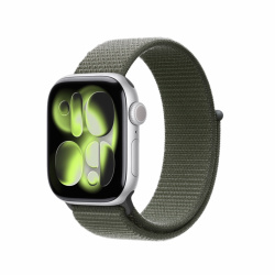 Apple Watch Series 11, 46 мм, корпус из алюминия серебристого цвета, ремешок нейлон темно-зеленого цвета