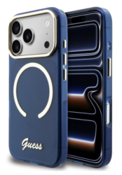 Чехол пластиковый Guess MagSafe для iPhone 17 Pro Max с металлической рамкой синий
