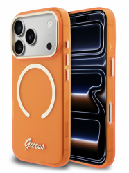 Чехол пластиковый Guess MagSafe для iPhone 17 Pro/18 Pro с металлической рамкой оранжевый