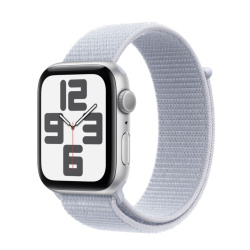 Apple Watch SE 2024, 44 мм, корпус из алюминия серебристого цвета, ремешок нейлон дымчато-голубого цвета
