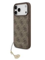 Чехол кожанный Guess MagSafe для iPhone 17 Pro Max коричневый с подвеской