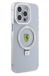 Чехол Ferrari MagSafe для iPhone 15 Pro Max прозрачный с серебряным с подставкой