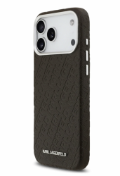 Чехол кожанный Karl Lagerfeld MagSafe для iPhone 17 Pro Max коричневый с надписями карл