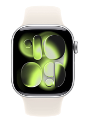 Apple Watch Series 11, 42 мм, корпус из алюминия серебристого цвета, спортивный ремешок цвета «сияющая звезда»